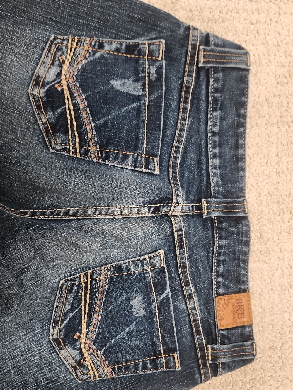 BKE Denim Jeans in Dark Blue with Tan Patch